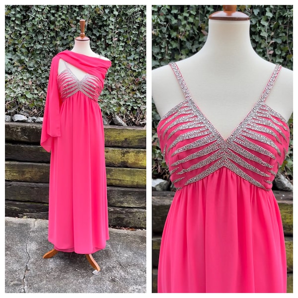 Early 1970s Lillie Rubin hot pink formal, 70s vintage silk chiffon beaded maxi dress, 1960s 60s cocktail party prom gown & shawl, size S/PM