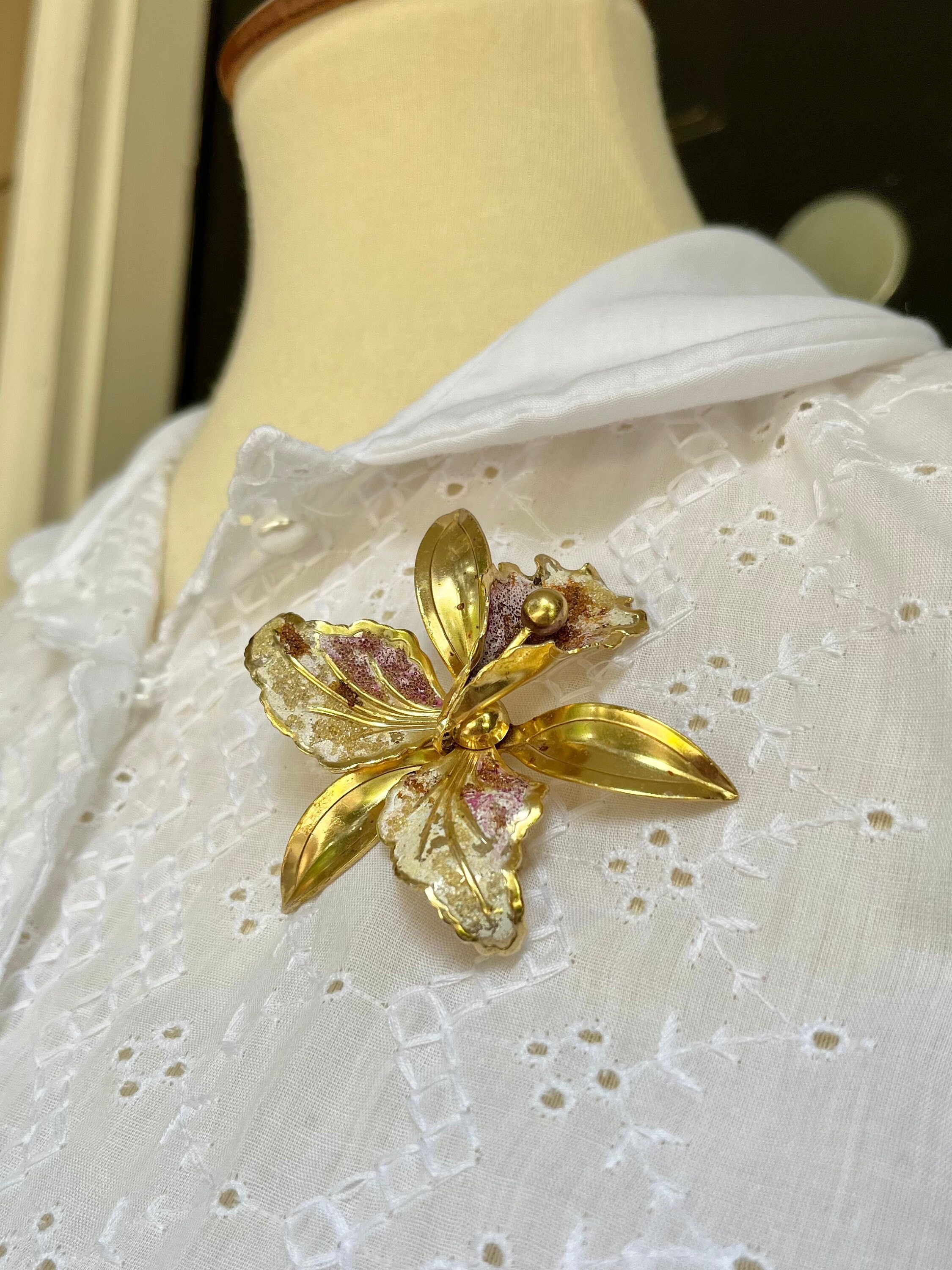 Vintage 1960s Metallic Orange Flower Brooch, Layered Floral