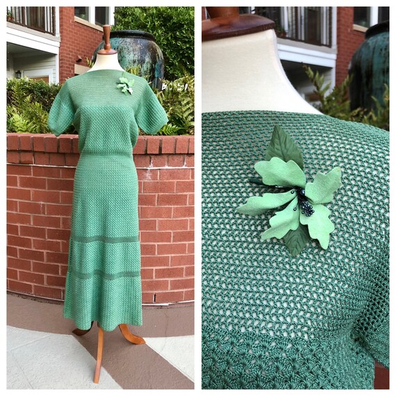 RESERVED - 1930s green crochet dress, 30s vintage