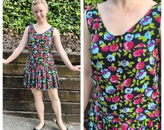 1990s floral dropped waist mini dress, 90s vintage rayon blue pink black flowers flapper dress, pleated skater skirt micro dress, size XS