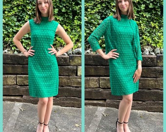 1960s green lace wiggle dress & jacket set, 60s vintage floral sheath with matching bolero, mod gogo mock neck sundress from Japan, size XS