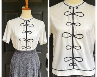 1960s looped braid trimmed blouse, 60s vintage white button-up shirt with black soutache trim, mid century casual cotton day shirt, size S/M