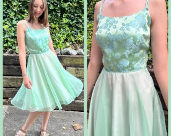 1960s mint green spaghetti strap dress, 60s vintage floral satin brocade chiffon cocktail party dress, teal fairy core midi sundress, size S
