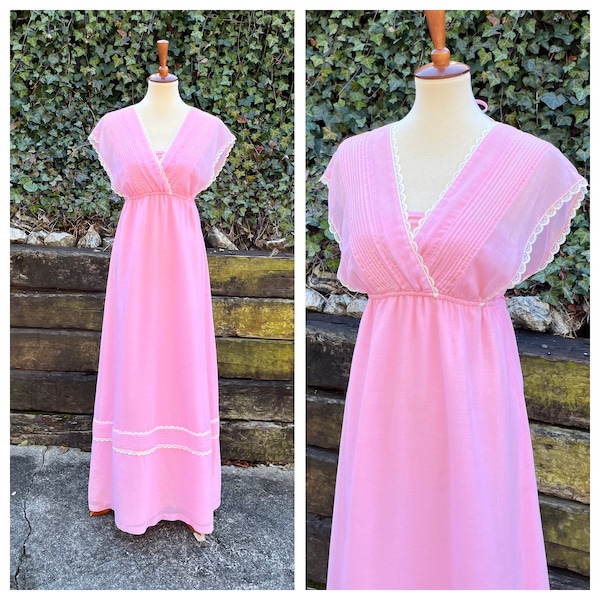 1970s pink cottage core maxi dress, 70s vintage empire waist criss-cross bodice formal, Victorian peasant prairie slip dress, size XS/S