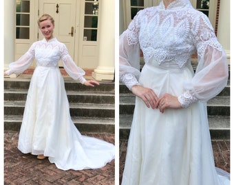 1960s sheer bishop sleeve lace bodice wedding dress, robe a la francaise style bridal gown, illusion neck chiffon cape train size petite XXS