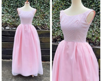 1960s pink chiffon ballgown, 60s vintage bubblegum Barbiecore cupcake maxi dress, lace bodice formal evening party prom gown, size XXS