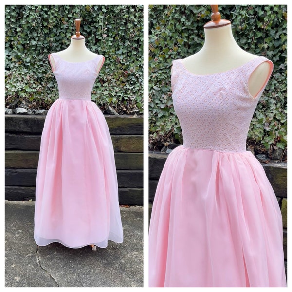 1960s pink chiffon ballgown, 60s vintage bubblegum Barbiecore cupcake maxi dress, lace bodice formal evening party prom gown, size XXS