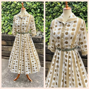 1950s gold & white shirtwaist dress, 50s vintage tan striped belted casual dress, collared button-up full pleated skirt day dress, size M