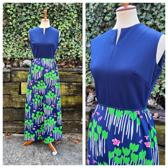 1970s navy blue floral maxi dress, 70s vintage flower… - Gem