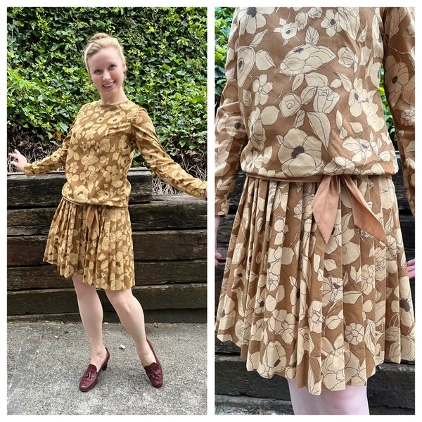 1960s brown dropped waist mini dress, 60s vintage floral blouson flapper style shift, mod long sleeve pleated skirt scooter dress, size XS/S