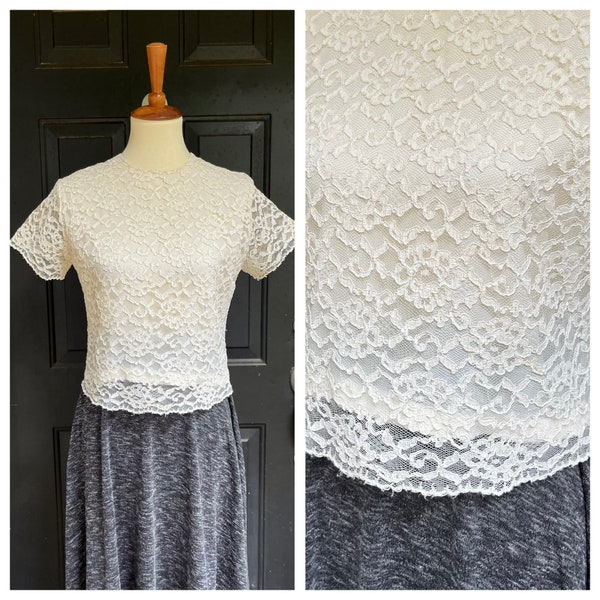 1950s nylon white lace blouse, 50s vintage sheer floral lace short sleeve shirt, mid century button-up back casual top, size S/M