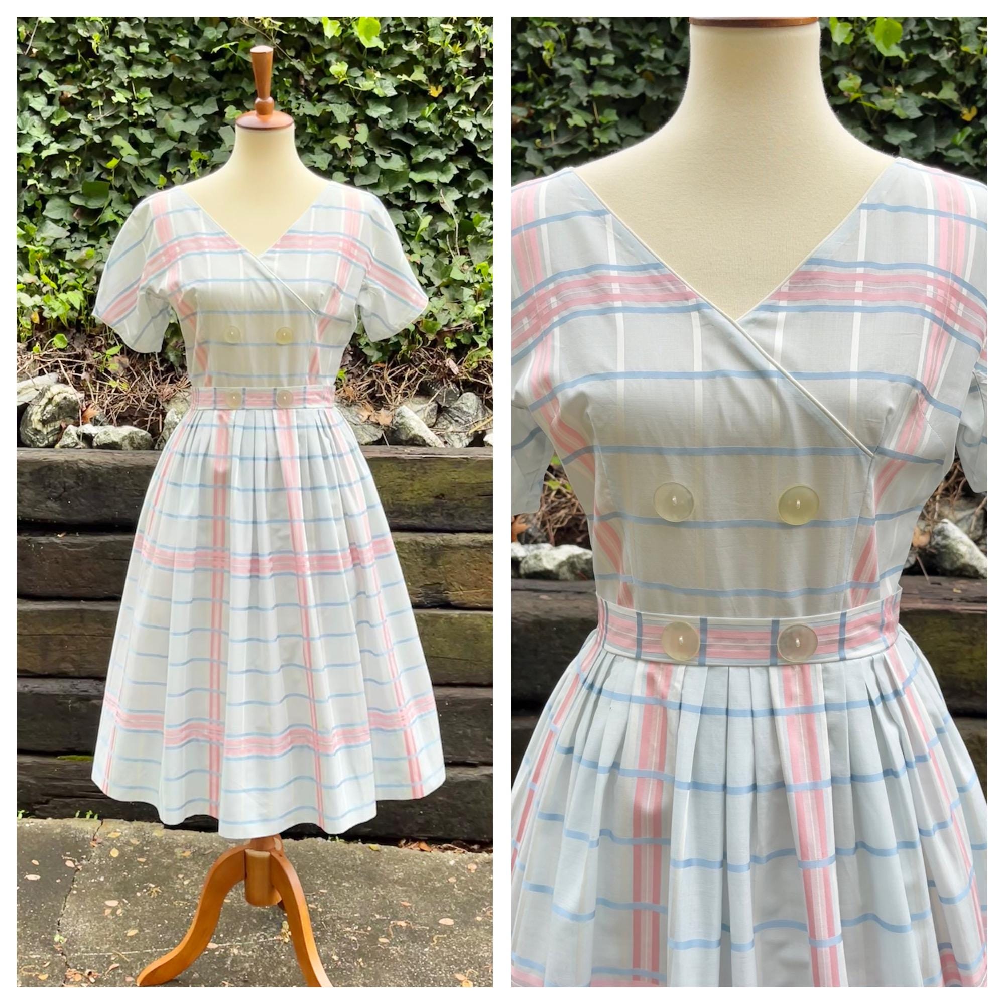 1950s blue plaid cotton day dress, 50s vintage L'Aiglon pink gray crossover V neck sundress, pleated skirt dolman sleeve button gown, size M