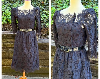 1980s lace button-up dress, 80s vintage Victorian style shirtdress, goth cottage core witchy puffed sleeve midi dress, size S