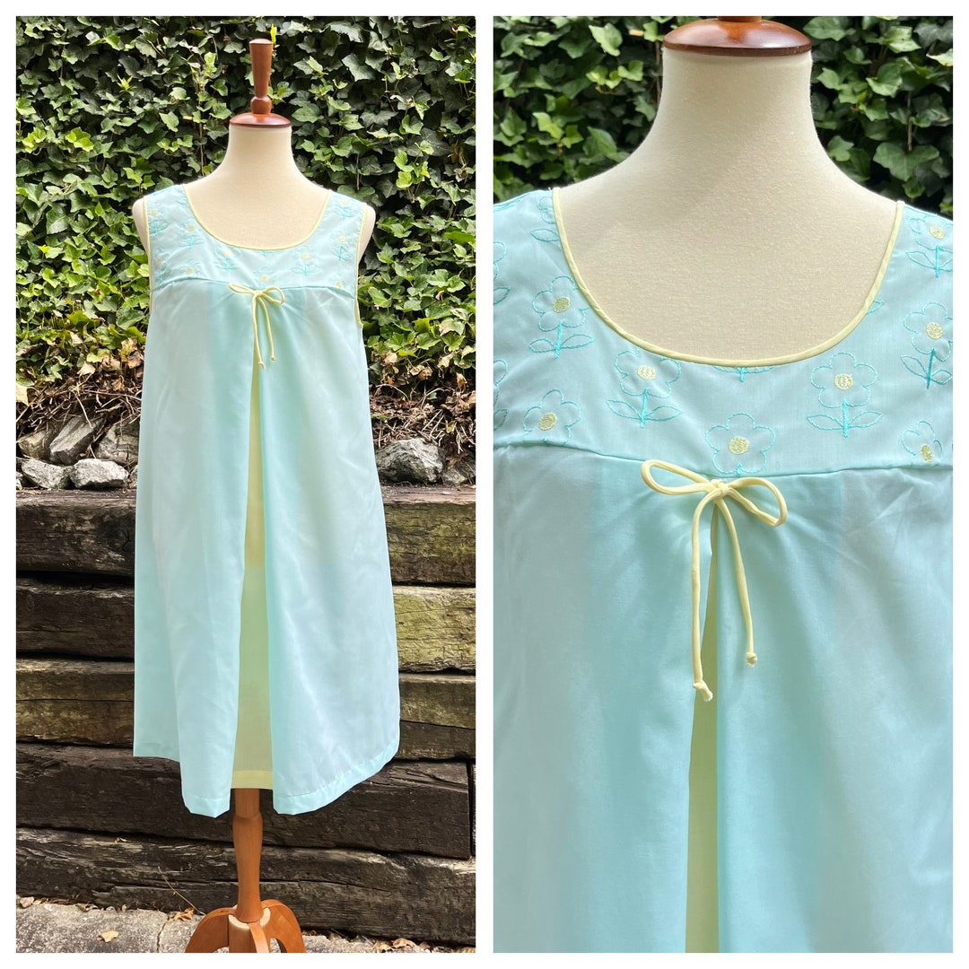 1970s Teal Blue & Yellow Nightie, 70s Vintage Babydoll Nightgown With ...