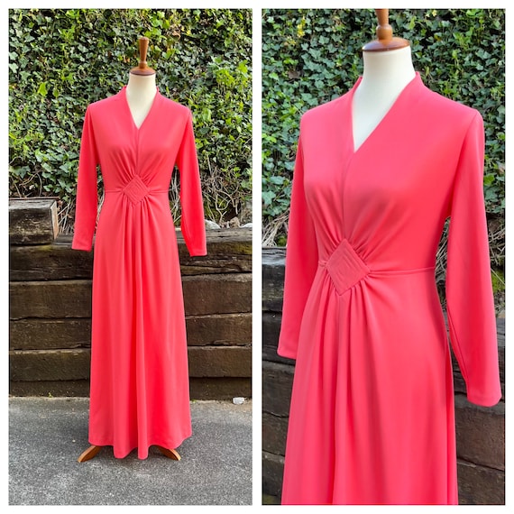 1970s coral long sleeve maxi dress, 70s vintage ma