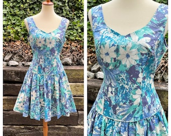 1980s Laura Ashley polished cotton blue floral mini dress, 80s vintage dropped waist flapper dress, cottage core party prom gown, size M