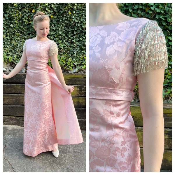 1960s pink floral brocade formal dress with watteau cape back, 60s vintage silver beaded fringe cocktail evening party prom gown, size XS