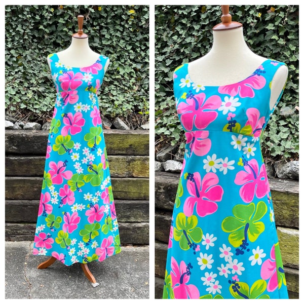 1960s Hawaiian flower maxi dress, 60s vintage tropical empire waist formal with pockets, button-back cocktail beach vacation gown, size XS/S