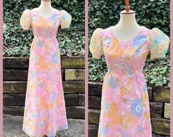 1970s pink floral maxi dress / Bridgerton style puffed sleeve flocked butterfly formal / size XS