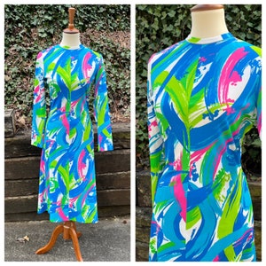 1960s mod psychedelic sheath dress, 60s vintage abstract swirl disco hippie midi dress, blue green flower power long sleeve gown, size S/M
