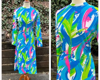 1960s mod psychedelic sheath dress, 60s vintage abstract swirl disco hippie midi dress, blue green flower power long sleeve gown, size S/M