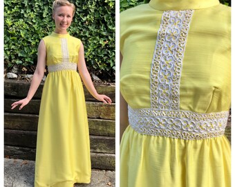 1960s bright lemon yellow raw silk maxi dress, 60s vintage white soutache ribbon work mock neck formal evening party prom gown, size XS/S