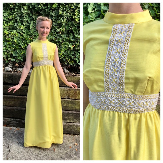 1960s bright lemon yellow raw silk maxi dress, 60s vi… - Gem