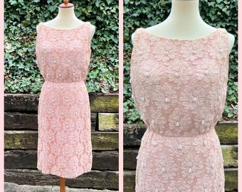 1950s pink beaded lace wiggle dress / cocktail party formal sheath dress / size M/PL