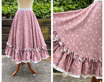 Handmade pink floral circle skirt, homemade vintage calico midi skirt, 1950s 50s style cottage core peasant prairie ruffle skirt, size M