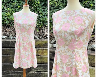 1960s pink floral cotton shift, 60s vintage flower power mod wiggle dress, mid century groovy boho hippie casual sheath day dress, size S/M