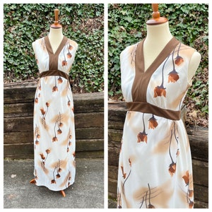 1970s brown leaf maxi dress, 70s vintage cream tan floral long formal evening party prom gown, boho hippie empire waist flower gown size S/M