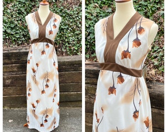 1970s brown leaf maxi dress, 70s vintage cream tan floral long formal evening party prom gown, boho hippie empire waist flower gown size S/M