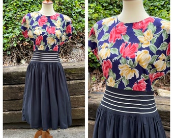 1980s floral rayon midi dress, 80s vintage black pink yellow flower color block day dress, blouson cottage core secretary dress, size M