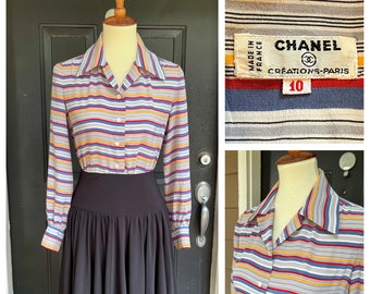 1970s Chanel silk striped blouse, 70s vintage designer made in Paris button-up shirtwaist, long sleeve blue red yellow groovy top, size S