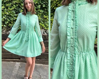 1970s green dotted swiss mini dress, 70s vintage long sleeve high ruffle neck skater dress, cottage core boho mod dress from Japan, size S