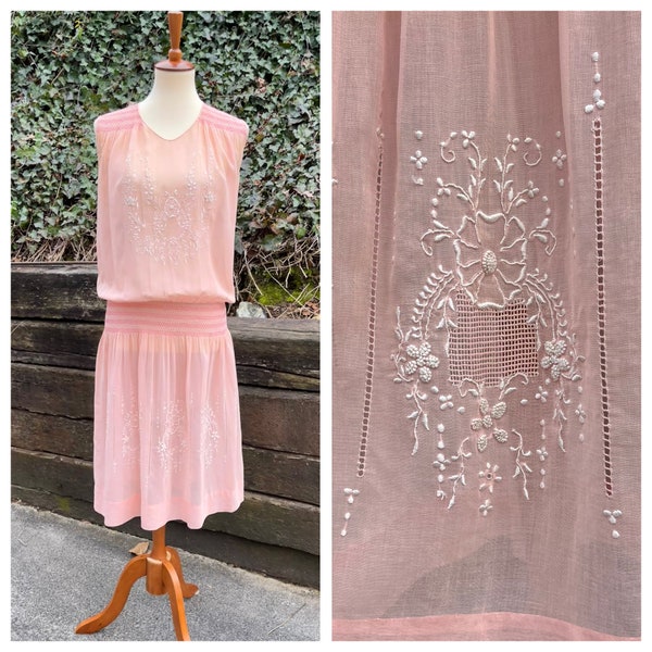 1920s pink smocked folk dress, 20s vintage embroidered peasant shift dress, antique Hungarian sheer cotton voile Art Deco gown, size XS/S