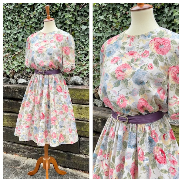 1980s does 1950s floral polished cotton day dress, 80s 50s style blouson pink blue flower print garden party midi dress with belt, size M/L