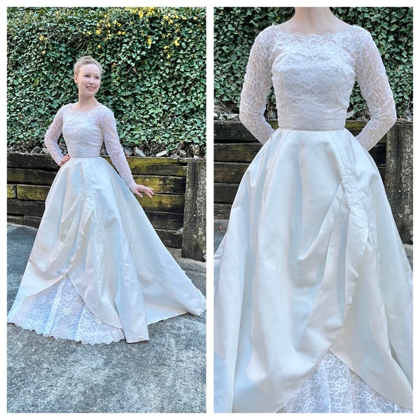 Early 1960s taffeta wedding dress, 60s vintage long lace sleeve boat neck bridal gown, 1950s 50s Grace Kelly retro ballgown, size XS