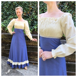 1969 Gunne Sax black label Renaissance Medieval maxi dress, 1960s 60s vintage boho cottage peasant puff sleeve blue white gown, size 7/XS