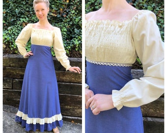 1969 Gunne Sax black label Renaissance Medieval maxi dress, 1960s 60s vintage boho cottage peasant puff sleeve blue white gown, size 7/XS