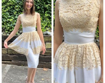 1960s white & cream lace peplum cocktail dress, 60s vintage keyhole back sleeveless wiggle dress, cotton rayon sheath formal gown, size XS
