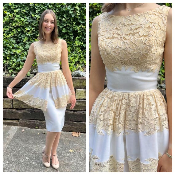 1960s White & Cream Lace Peplum Cocktail Dress, 60s Vintage Keyhole Back  Sleeveless Wiggle Dress, Cotton Rayon Sheath Formal Gown, Size XS - Etsy