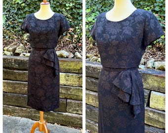 1960s black brocade wiggle dress, 60s vintage fitted cocktail sheath, 1950s 50s little black dress Jackie O formal evening gown, size S/PM