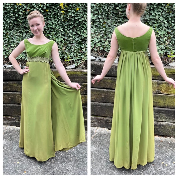 1960s green crepe dress with cape train, 60s vintage column sheath maxi dress, velvet empire waist cocktail evening formal gown, size XS