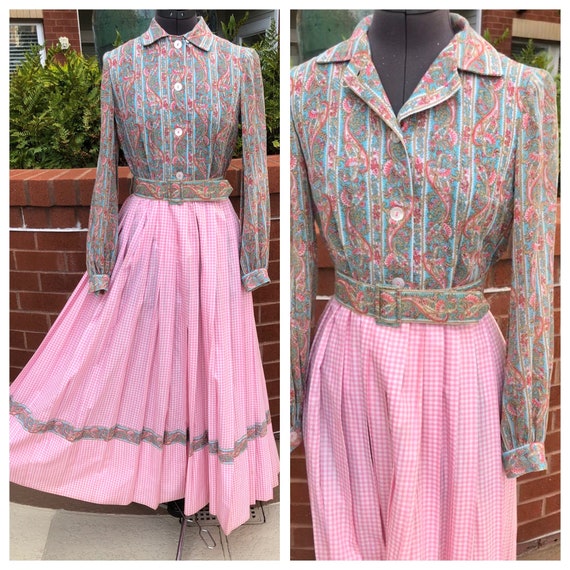 1970s pink gingham prairie dress, 70s vintage maxi