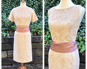 1950s cream lace wiggle dress and cropped jacket set, 50s vintage beige pink blush fitted sheath dress with bolero and satin belt, size S