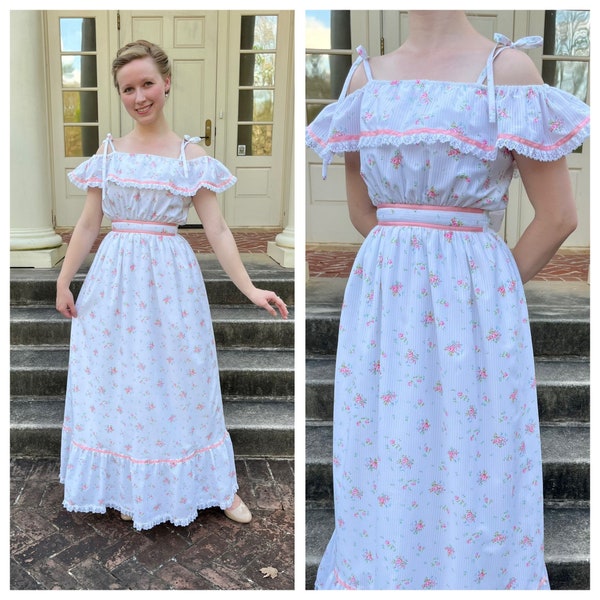 1970s pink floral cold shoulder maxi dress, 70s vintage white peasant prairie gown, off-the-shoulder ruffle boho party prom formal, size XS