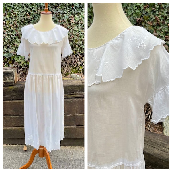 1920s sheer cotton voile lawn dress, 20s vintage white dropped-waist gown, antique flapper Edwardian dress with embroidered collar, size S