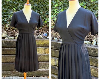1960s black pleated midi dress, 60s vintage cross-over deep V little black dress LBD, 1950s 50s dolman sleeve casual day dress, size S