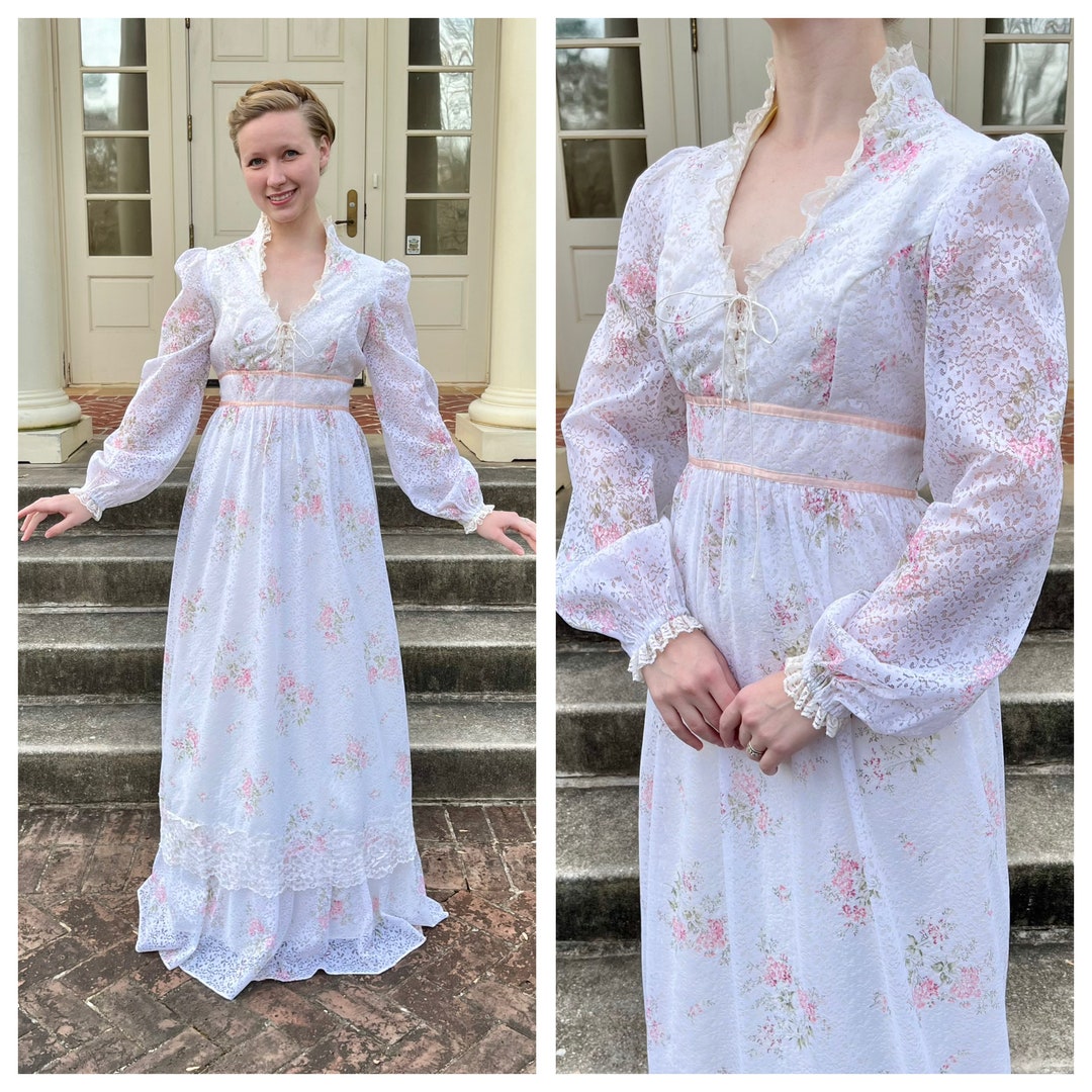 1970s White Floral Peasant Dress, 70s Vintage Gunne Sax Style Lace ...